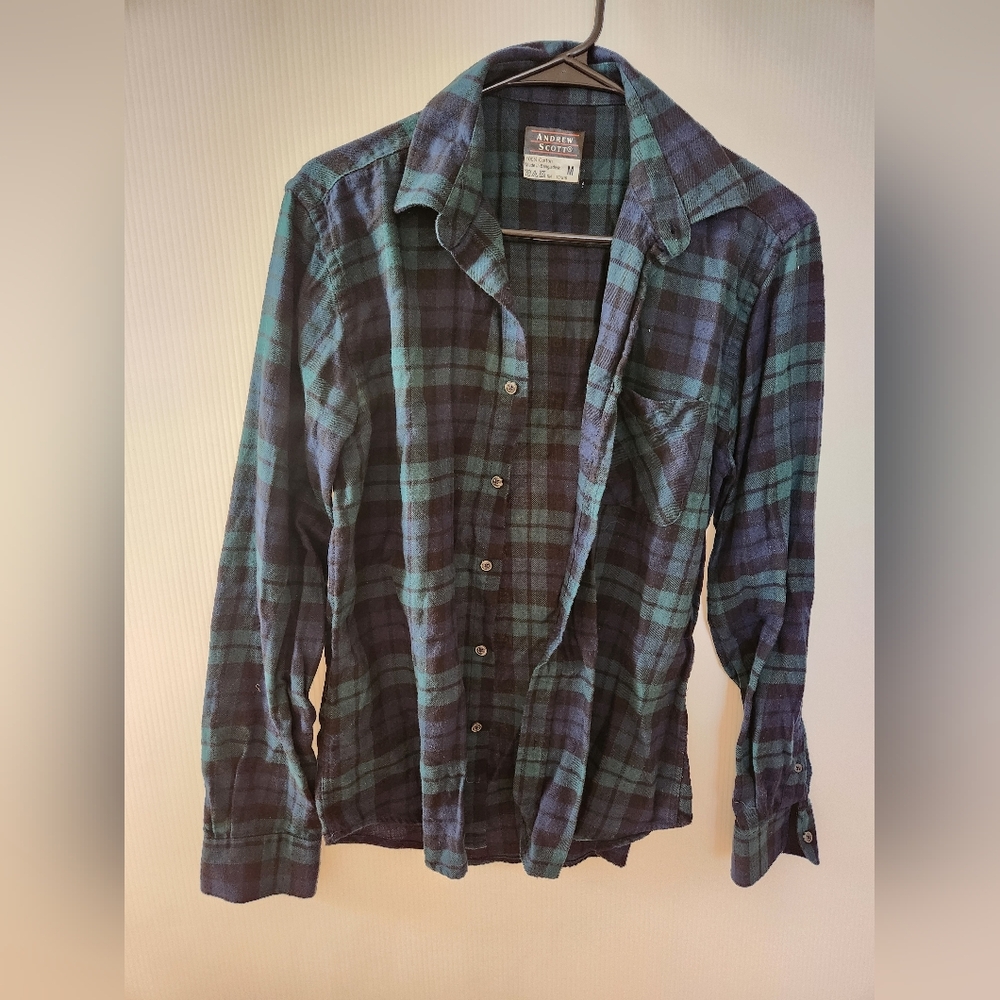 Blue & green plaid button-up shirt, men's size Medium, 100% cotton
